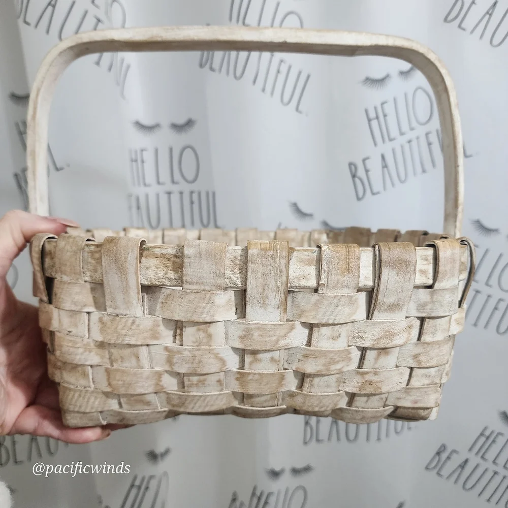ASH WOOD VINTAGE WOVEN WHITEWASHED BASKET GATHERING BASKET